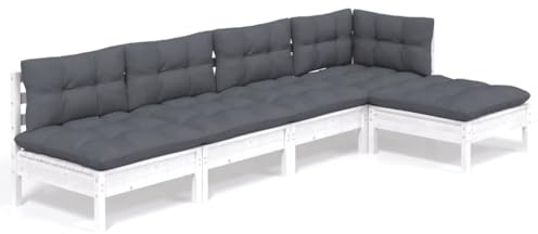 WEMYUFURN 5-TLG. Garten-Lounge-Set mit Kissen Weiß Kiefernholz, Outdoor-Sitzgruppe, Terrassen-Lounge-Set, Garten-Couchgarnitur - Wetterbeständig, Komfortabel - für Terrasse, Garten und Balkon