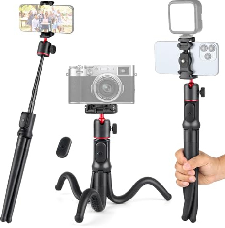 Camnoon Treppiede estensibile Octopus Stick flessibile per selfie con supporto per telefono Vite da 1/4 di pollice Otturatore remoto per fotocamera mirrorless Fotocamera sportiva Smartphone Vlog