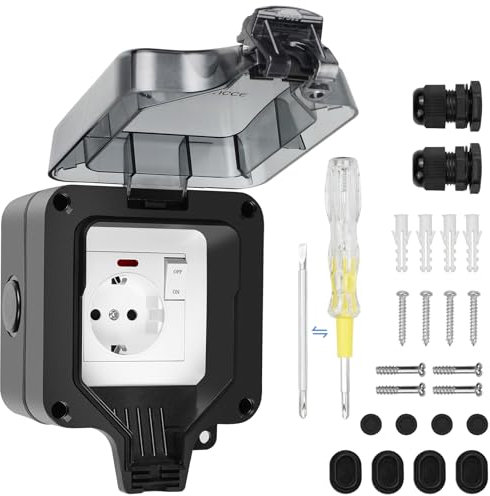 SHYOSUCCE Presa esterna con interruttore, connettore cavo e coperchio ribaltabile, IP66, impermeabile, per cucina, bagno, garage, piscina e giardino, colore nero