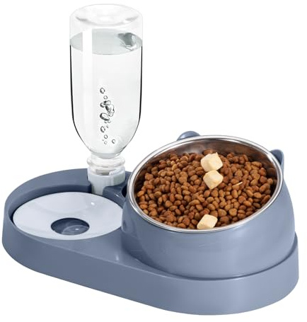 Futterstation Katzen mit Automatischer Wasserflasche 2 In 1 Erhöhte Schüssel Aus Edelstahl Anti-Erbrechen Katzennäpfe für Kleine, Mittelgroße Katzen Hunde Blau