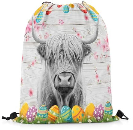 Rucksack Mit Kordelzug Bauernhaus Hochlandrind Bunte Eier Rosa Kirsche Sportbeutel wasserdichte Turnbeutel Mädchen Gymnastikbeutel, Für Reisen, Schwimmen, 36x42cm