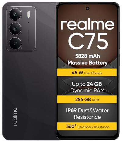 realme C75 Smartphone, 8 Go+16 Go de RAM Dynamique+256 Go ROM, 6.72 FHD+ 90HZ, Telephone Portable, 5828 mAh, 50 MP de caméra AI, Ricarica rapida da 45W, IP69 Verre ArmorShell™, Noir