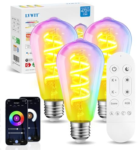 LVWIT Smart Glühbirne E27 Lampe 6.3W 470LM, ersetzt 40W Leuchtmittel, RGBCCT Dimmbar 2700-6500K, Wifi Alexa Birnen via APP und Fernbedienung steuerbar, 3er-Pack