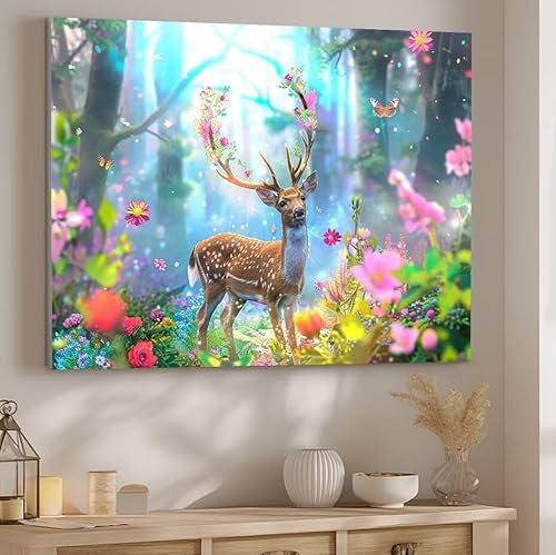 Malen nach Zahlen Erwachsene Hirsch, Malen nach Zahlen Blume DIY Handgemalt Ölgemälde Kit Hobby Erwachsene Kreativ Mit Pinseln und Acrylfarbe Knitterfreie Leinwand Kit, Home Wand Deko 50x70cm J-462