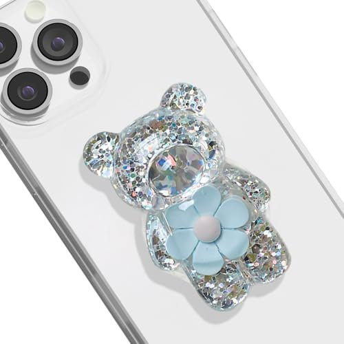 Ttpsry Orso Scintillante Con Fiore Bianco Impugnatura Per Cellulare Decorativa Accessorio Per Smartphone Di Alta Qualità Supporto Per Telefono Con Design Unico Impugnatura Per Cellulare Glitterata