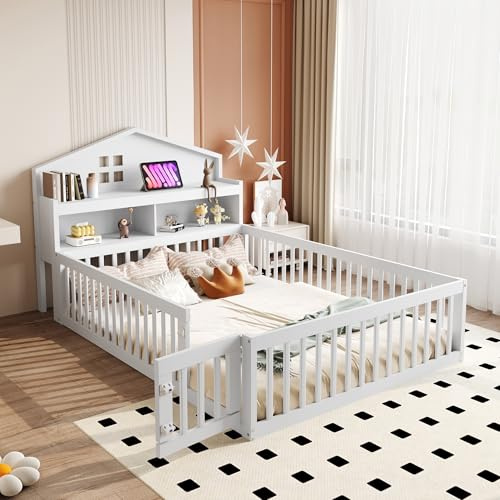 Generisch TOBIDOEN Kinderbett Bodenbett 140 x 200 mit Schutzgitter und Tür, Stauraumbett Kopfteil mit Einlegeböden, Kinderbettrahmen mit Lattenrost, Hausleiste mit Bilderleiste, Kiefernholz, Weiß