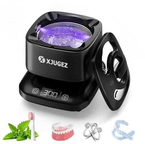 XJUGEZ Nettoyeur Ultrasons, 42KHz 180ML avec Lampe UV Nettoyage en Profondeur à 360° Ultrasonic Cleaner, Convient pour Lunettes, Montres, Tête de Rasoir, Bijoux et Prothèses Dentaires, Noir