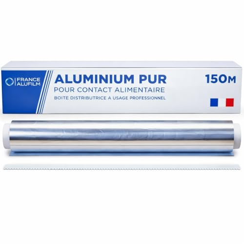 Papier aluminium professionnel avec lame, 44 cm x 150 m – Rouleau épais et résistant pour la cuisine, la restauration et l’emballage alimentaire – Lot de 1, usage intensif professionnel