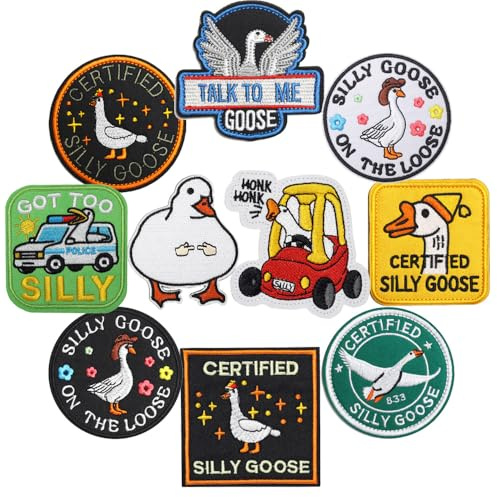 Pack med 10 broderade Silly Goose-lappar - Djursmått MEME - För kläder, jackor, ryggsäckar, hattar, västar för hundar