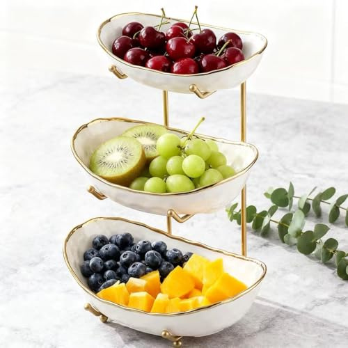 Afeyibu 3-Tier Fruit Bowls for Kitchen Counter,White Ceramic Bowl with Gold Metal Stand,3 Tier Fruit Basket for Fruit,Snack,Cake,Nuts,Dessert Storage