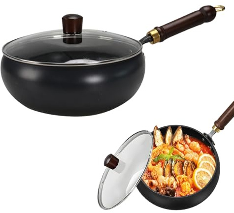 MeYuxg Poêle en fer forgée avec couvercle en verre, poêle en fer forgé à la main avec revêtement antiadhésif, grande casserole ventrale, pour cuisinières à induction et cuisinières à gaz (B)