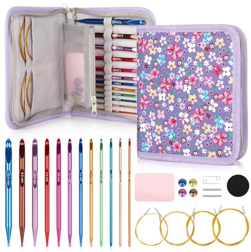Coopay Tunesische Häkelnadel Set, 3,0-10mm Austauschbare Tunesische Häkelnadeln mit Seil 40cm/60cm/80cm/100cm, Afghanische Häkelnadel Set, Lange Häkelnadeln für Anfänger- Regenbogen