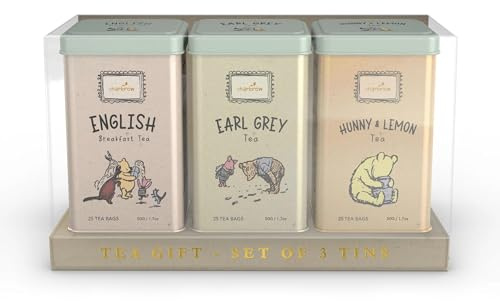 Charbrew Set of 3 Winnie Tea Tins – 75 Teabags (25 Hunny & Lemon, 25 Earl Grey, 25 English Breakfast) – Reusable Metal Caddy Tea Gift