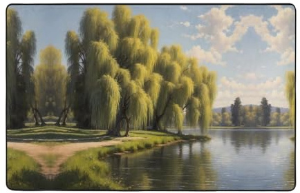 WZYWHJ Tappeti per soggiorno, passatoia antiscivolo, tappeto da gioco, 152,4 x 99,1 cm, motivo: alberi di salice vicino al lago stampato