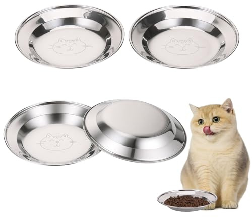 TranRantic 4 Stück 16cm Edelstahl Katzennapf Futternapf | Flacher Metallteller mit Smiley-Katzenmuster, Für Futter & Wasser, Katzen, Welpen und kleine Hunde