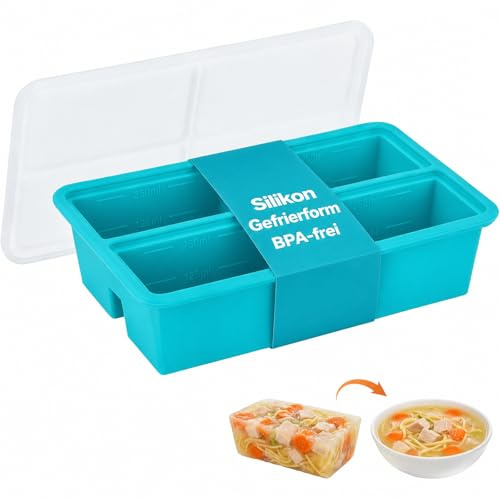 Silikonform för frysning med lock – 4 fack à 250 ml (totalt 1000 ml), portionsform för soppa och såser, med 125 ml & 250 ml skala, läckagesäker, blå