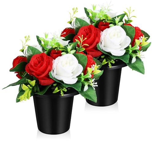 SMASOLO Fiori Tombali Artificiali in Vaso 2 Pezzi, Composizioni Floreali Funebri Resistenti per Decorazioni Esterne di Tombe e Cimiteri, Decorazioni Commemorative per Feste