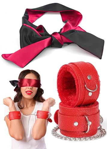 Fluffy Handcuffs for Grownups, Red Padded Handcuffs with Adjustable Chain, Soft Satin Eye Mask 59 - 2pcs Set