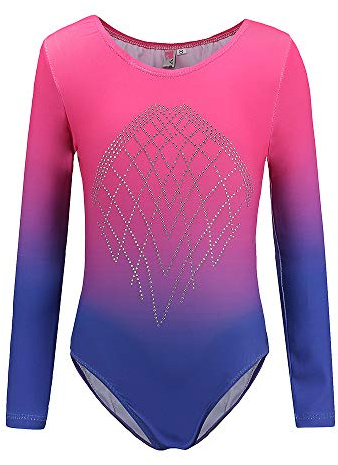 Sinoem Justaucorps de Gymnastique Fille Couleur Dégradé Multicolore Manches Longues Leotard Danse Ballet pour Enfant 5-12 Ans (12-(11-12 Ans), Blue+Rose)