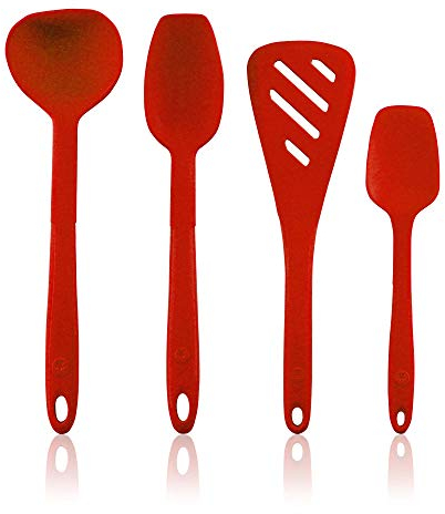 Kochblume Küchenhelfer-Set - Designwender S & Soßenlöffel S & Schöpfkelle S & Flexlöffel S 4er Set | Premium-Silikon | Hitzbeständig | Spülmaschinenfest | Farbe: rot
