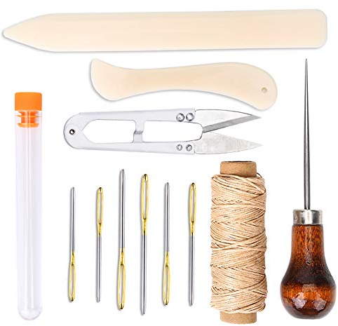 WONVOC 12-teiliges Buchbinderwerkzeug-Set, Falzfalter, Papierfalzer, Nähahle, gewachster Faden, große Öhrnadeln, Schere für Lederwaren, Buchbinden und Scrapbooking