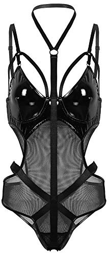 Crubelon Damen Wetlook Dessous Leder Bodysuit Mesh Patchwork Neckholder High Cut Leotard Bodysuit Clubwear - Schwarz - X-Large