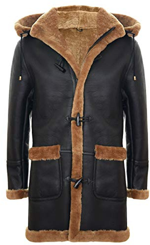 Infinity Leather Abrigo Cálido Largo de Piel de Oveja para Hombre con Capucha Marrón Jengibre M