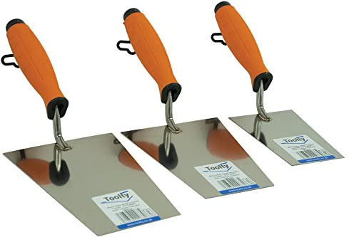 Toolty Stainless Steel Bucket Trowel - Set 130, 160, 180mm - Rubber Handle - for Scooping and Scraping: Mortar, Cement, Plaster - Masonry, Brickwork DIY - TLTY-S026