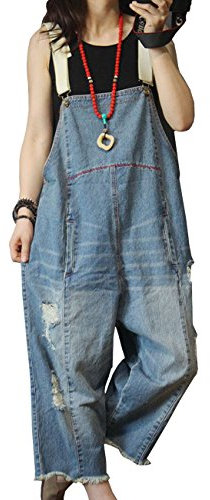 YESNO Women Casual Baggy Dungarees Embroidery Wide Leg Denim Overalls Distressed Boyfriend Jumpsuits Loose Fit with Pockets P49UK (L P49UK Blue)