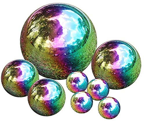 Kunjocy Skikningsboll i rostfritt stål, 8 st 50–150 mm regnbågsspegel, ihålig boll, reflekterande trädgårdssfär, flytande dammbollar, sömlös glob för trädgårdsdekorationer (8 st mix)