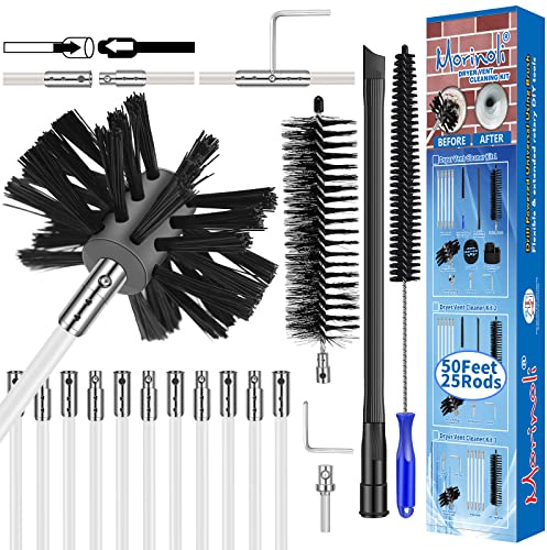 50 Feet Dryer Vent Cleaning Kit for Drill Lint Removes Dryer Vent Cleaning System Dryer Vent Cleaner Kit Vacuum Attachment Dryer Vent Nozzle Hose Attachment Dryer Lint Brush Vent Trap Cleaner