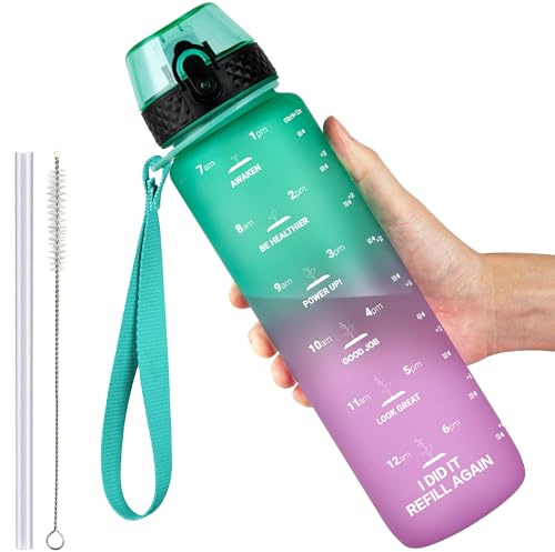 GOPPUS 1L/32oz Borraccia con cannuccia Borraccia motivazionale a tenuta stagna con marcature del tempo Borraccia sportiva in Tritan per palestra Scuola Borraccia grande per Adulti Senza BPA