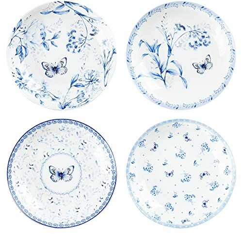 fanquare 4-Teilig Spring Vibes Schmetterling Dessertteller, Kuchenteller Frühstücksteller aus Porzellan mit Blumen, Blaue Serie, 20 cm