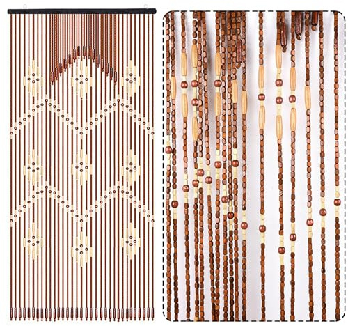 DouSeiAi Natural Wood and Bamboo Beaded Curtain Room Divider, 32 Strands Hanging Doorway Decor for Bedroom, Porch, Living Room, 35 x 69 Inches