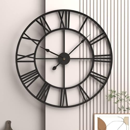GUDEMAY Wanduhr Groß XXL ø 50cm Schwarz, lautlos Metall Moderne Wanduhr | ohne Tickgeräusche, mit römischen Ziffern, Vintage Industrial Wanddeko für Wohnzimmer, Schlafzimmer, Küche und Büro