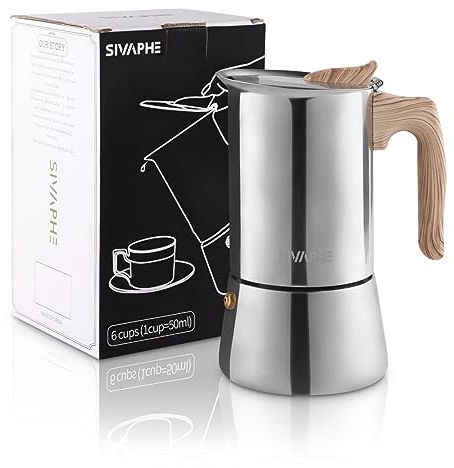 Sivaphe Cafetera de Espresso de Inducción - Acero Inoxidable, Moka Sin Aluminio, 6 Tazas de 300 ml