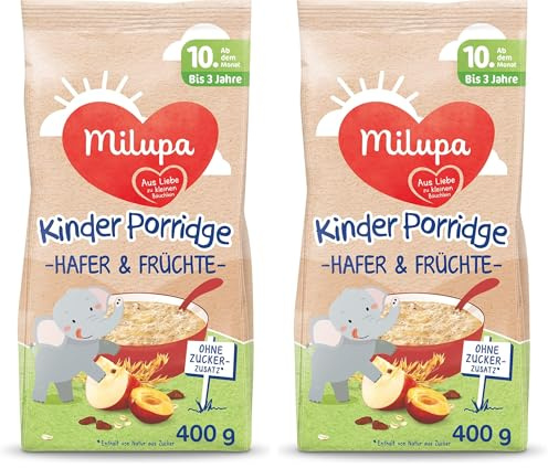 Milupa Kinder-Porridge – Hafer- & Früchtebrei ab dem 10. Monat bis 3 Jahre, Babynahrung, 1x 400 g (Packung mit 2)