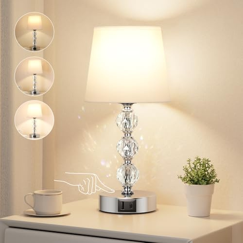 Aooshine Bedside Table Lamp, Crystal Touch Lamps Bedside with USB C+A Charging Ports, Small Bedside Lamp with 3 Way Dimmable, Bedroom Lamp with White Fabric Shade for Living Room (LED Bulb Included)