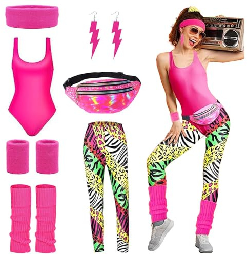 Uirheurd 80er Jahre Outfit Damen,90er Jahre Outfit Damen,80er Jahre Outfit,80er Jahre Accessoires,Bringen Sie Stirnbänder,Armbänder, Ohrringe,Badeanzüge usw,mit,Die für Fotopartys Geeignet Sind