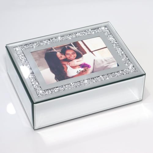 Qmdecor Crushed Diamond Mirrored Jewelry Box With Photograph 4x6inch On Top, Silver Glass Bling Jewelry Organizer Photo Picture Frame Storage Box For Gift