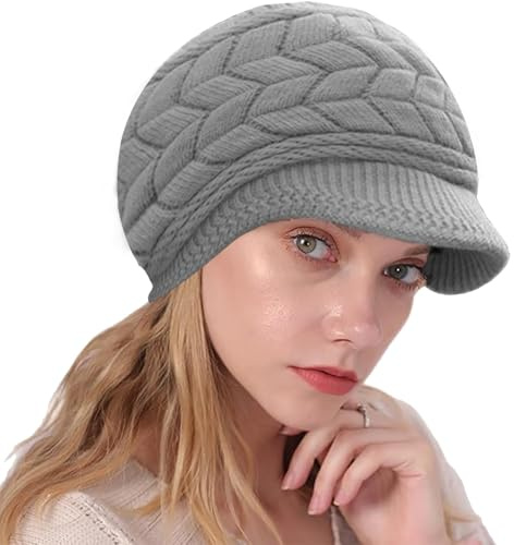 NLAND Damen Mütze Winter mit Visier Wollmütze mit Fleecefutter | Weiche,Leichte und Atmungsaktive Strickmütze,Wintermütze mit Kuscheligem Fleecefutter,Handliche Baskenmütze