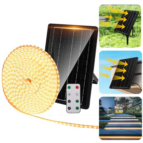 Aigostar Tira LED Solar 200W con Control Remoto,Luces LED Habitación/Exterior 20M 2000LM,Tira LED Solar Exterior Impermeable IP65,2700K Luz Calida,Luces de Para Jardín,Patio,Camino,Fiesta,Escalera