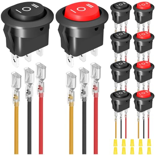 MKBKLLJY 10St. 3Way Runde Wippschalter Shell 12V Wasserdicht 3Pin 3Position ON/Off/ON 6A/250V AC 10A/125V DC SPDT 20mm Rot/Schwarz Kreis Kippschalter mit Terminal Draht Verdrahtung Kappe für Auto