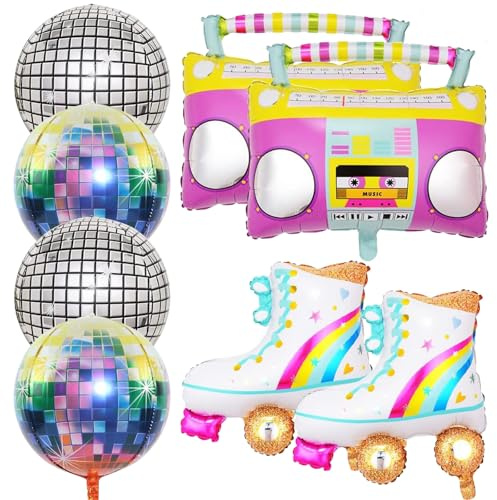 8pcs Palloncini Disco, Discoteca Palloncini Colorati, Roller Skate Palloncini Foil, Palloncino Radio Boombox Ballon, 80s 90s Retro Balloon Kit per Disco Festa da ballo Matrimonio Compleanno