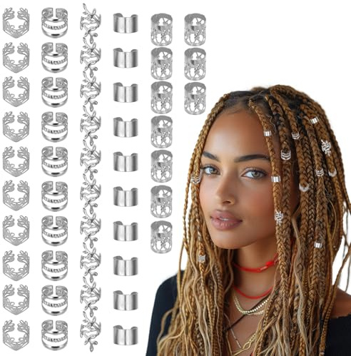 BOHUIZ 50PCS Silver Jewelry for Braids, Dreadlocks, Locs - Adjustable Rings, Cuffs, Charms, Beads Decorations for Men Women