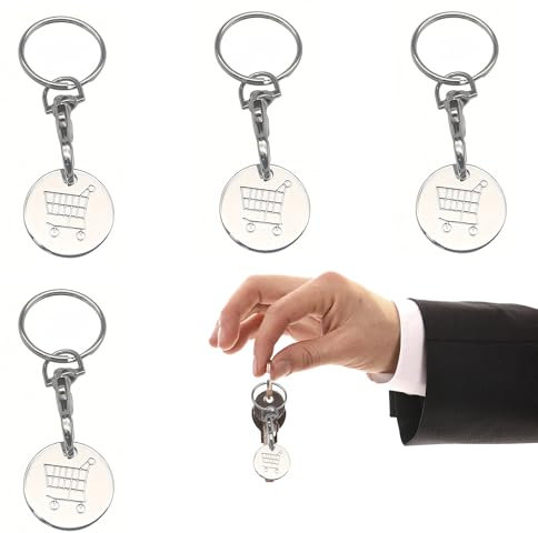 hioseyre 4-pack trolley token keyrings, unisex trolley coin keyring uk, supermarket shopping cart trolley token,trolley coin key ring,laser white