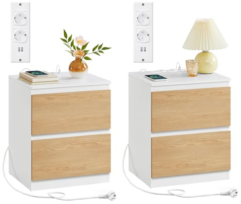 VASAGLE KAILYN Collezione - Comodini con Ciabatta Elettrica, Set di 2 Tavolini, 2 Cassetti, 2 Prese AC, 2 Porte USB-A, Soggiorno Camera da Letto, Moderno, Giallo Mandorla LET821Y02