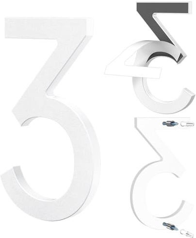 Yafimea Número de casa exterior 15 cm blanco, Números para casa con instalación adhesiva o con tornillos, diseño moderno flotante 3D para pared o valla (3)