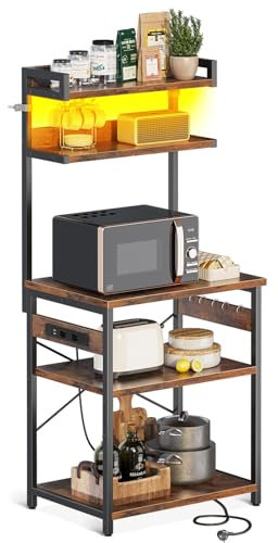 Coleshome Küchenregal Stehend mit Steckdose & LED-Lichtern, Standregal mit 5 Regalen und 5 Haken, Mikrowellen-Regal, Stahlrahmen, Industriell (60B cm)