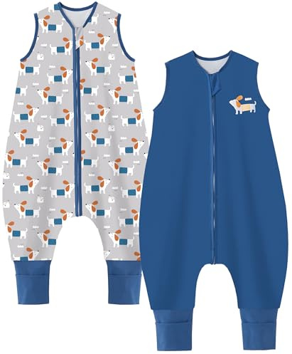 Teechodina Babysovsäck med fötter 2-pack 100 % bomull 1,5 tog barn året runt sovsäck med ben för pojkar flickor, 1,5 tog/mörkblå valp, 100 cm/baby höjd 110–120 cm